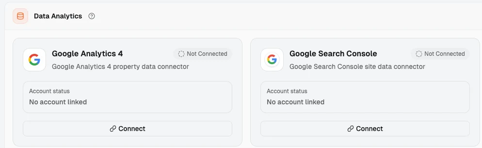 Data Analytics connectors showing Google Analytics 4 and Google Search Console as not connected with no account linked
